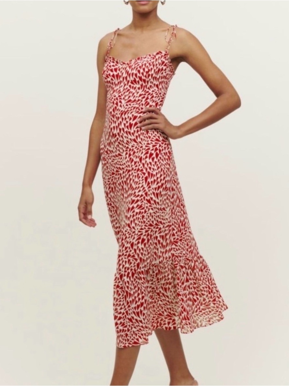 Reformation Red & White heart Printed Enya love Tie-Strap Midi Dress.